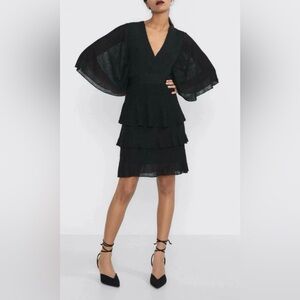 ZARA Women’s Black Metallic Cocktail Party Tiered Kimono Sleeve Dress Medium